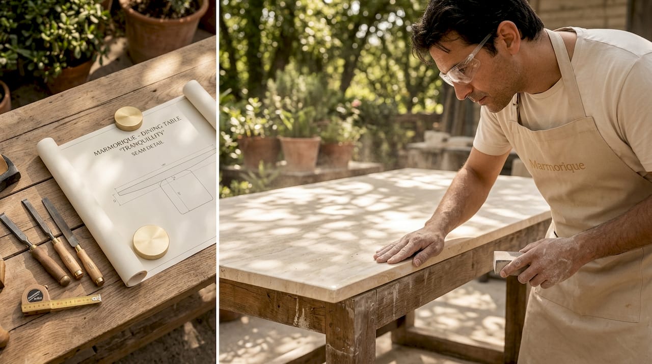 Artisan finishing stone furniture in fabrication studio