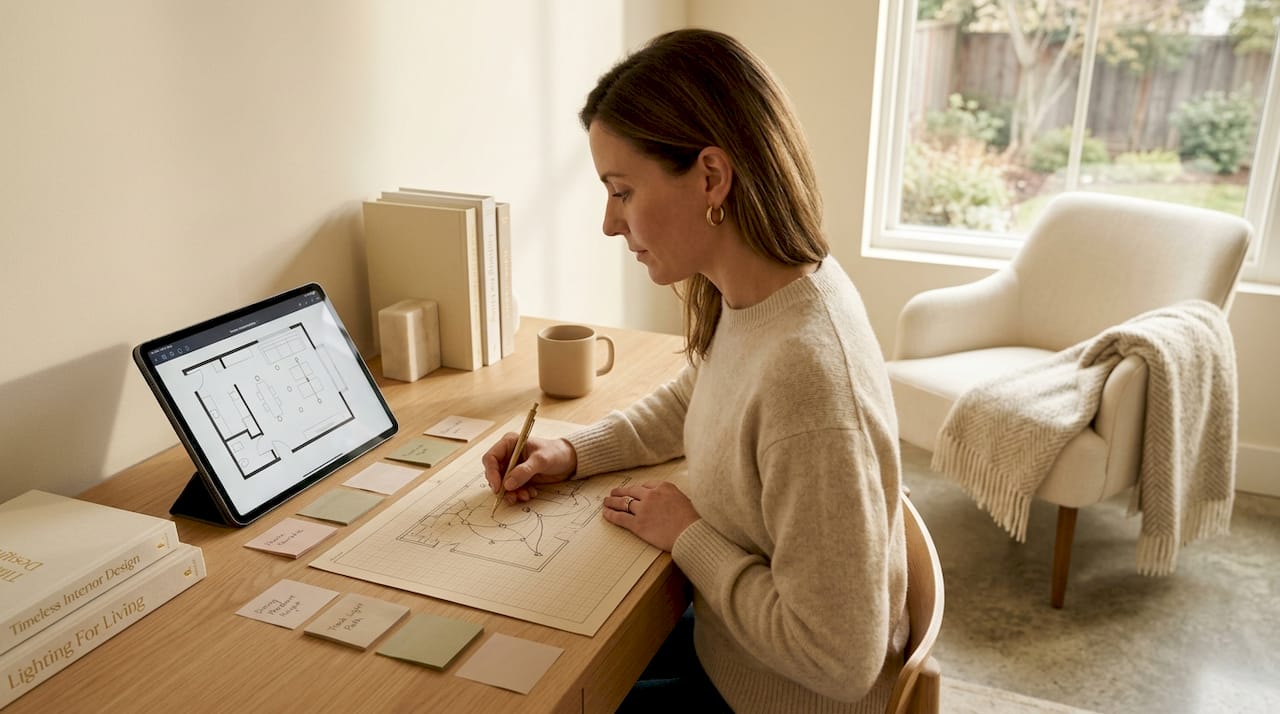 Woman sketching marble lighting plans kitchen