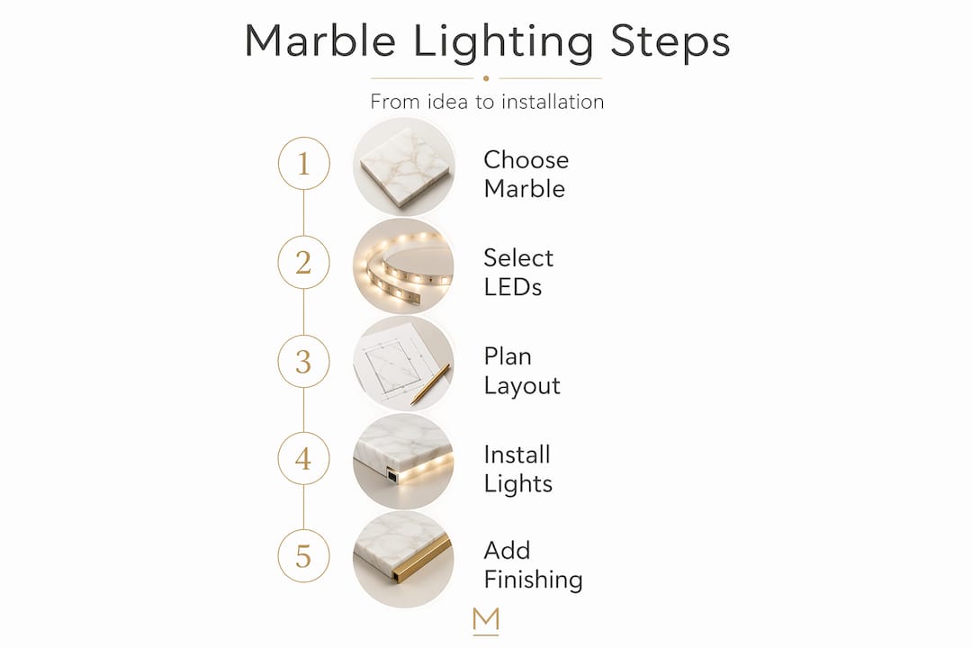 Vertical infographic showing marble lighting steps