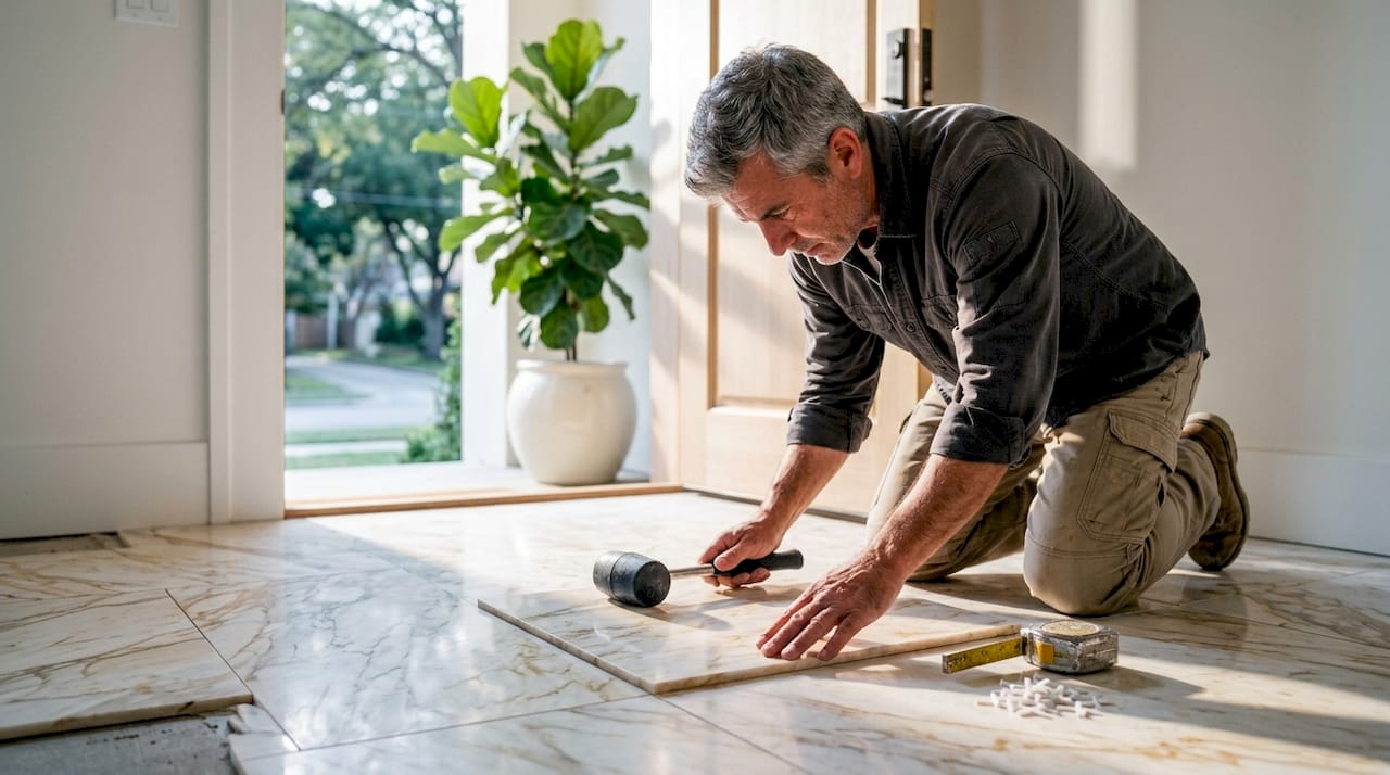 Installer aligning marble flooring in entryway