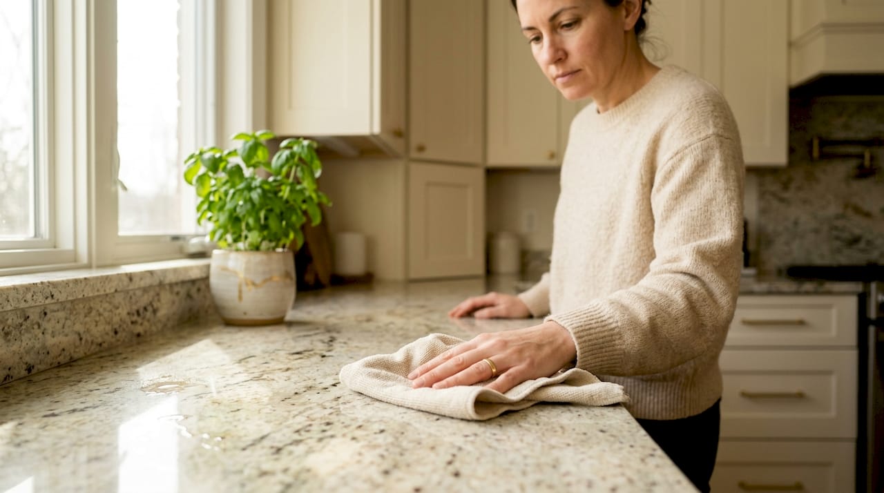 Homeowner maintaining granite countertop