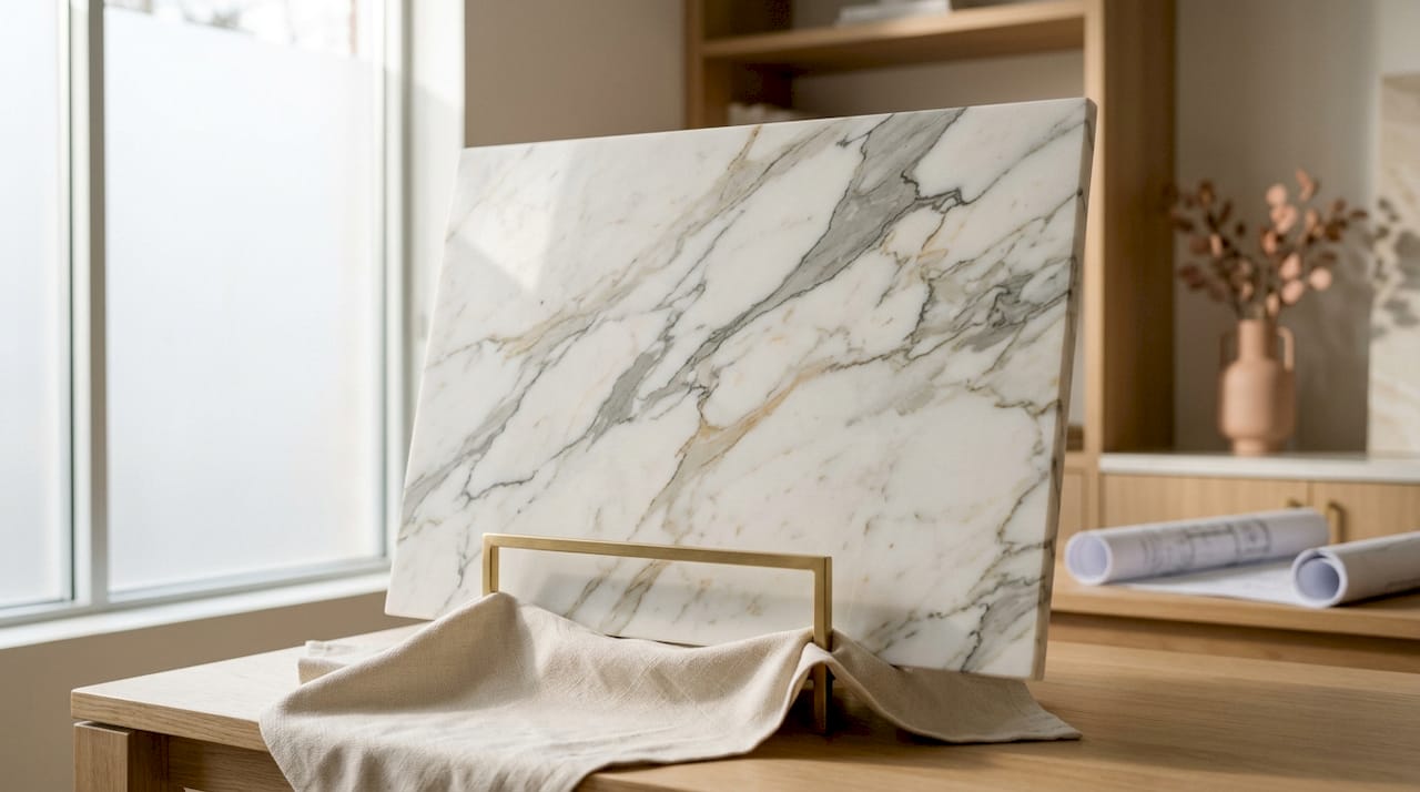 Close-up of Calacatta marble slab veins