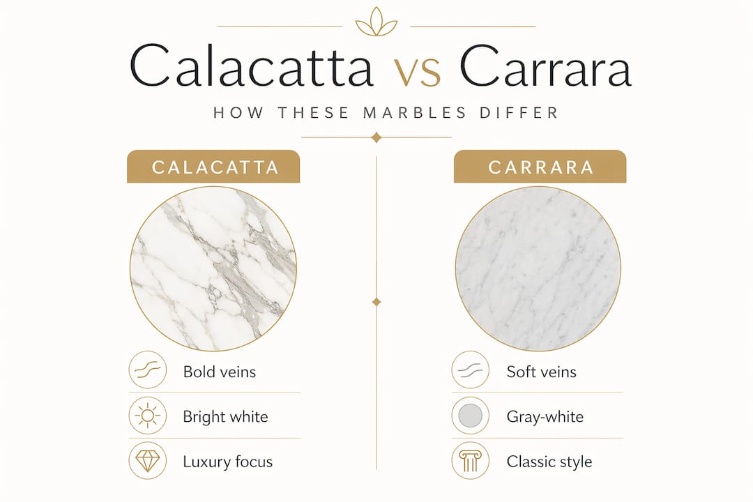 Infographic comparing Calacatta and Carrara marble