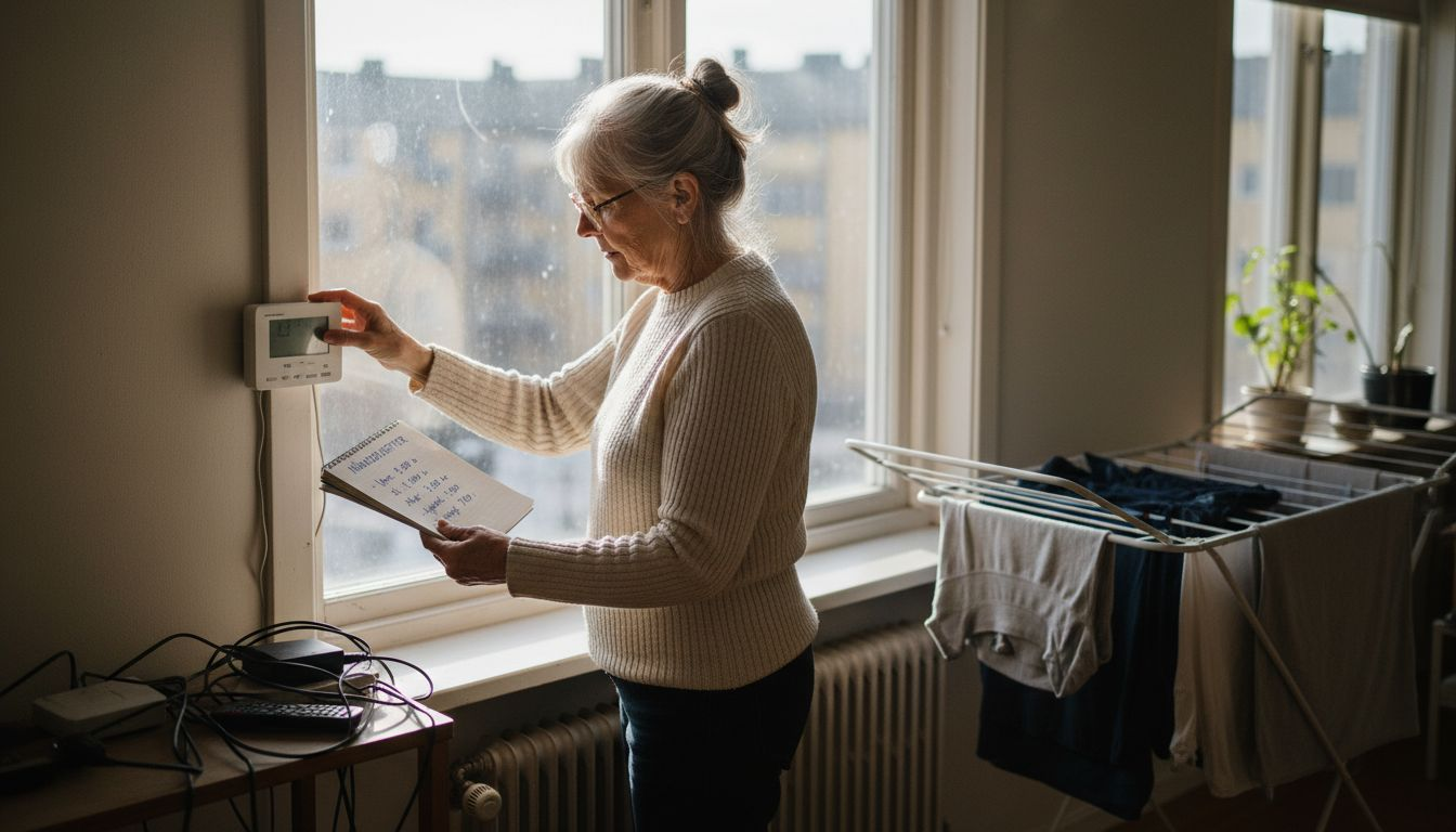 Äldre kvinna justerar termostaten för att spara energi