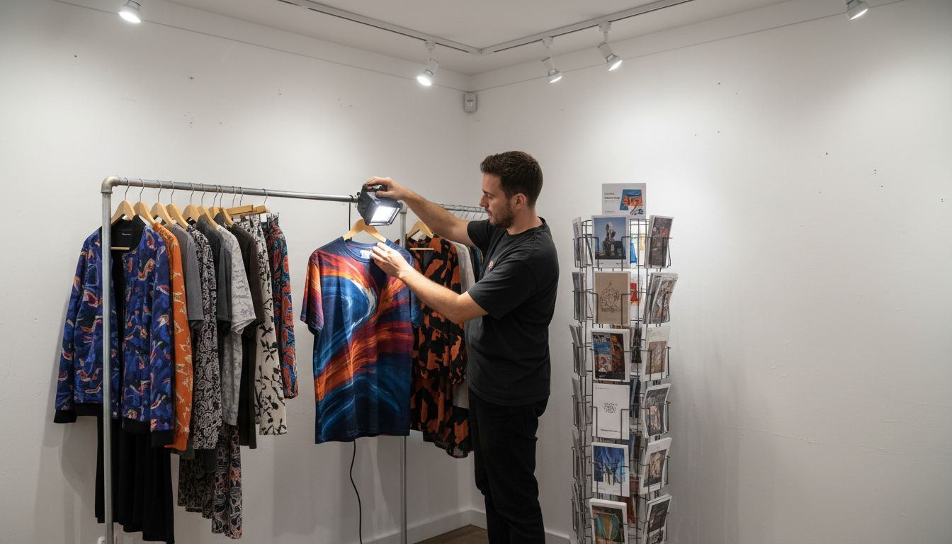 Man arranging lighting on art clothing display