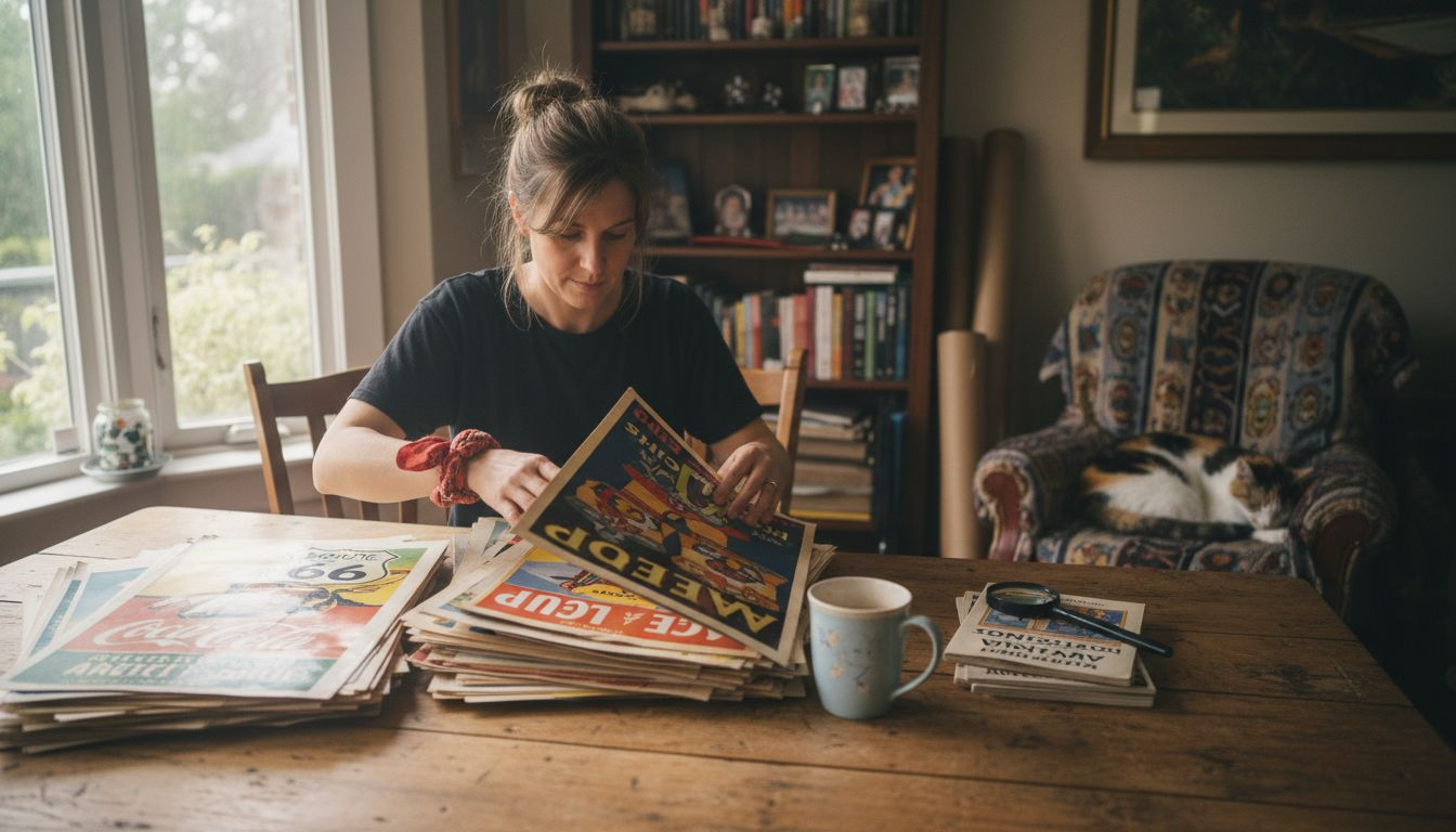 Woman sorting vintage advertising posters