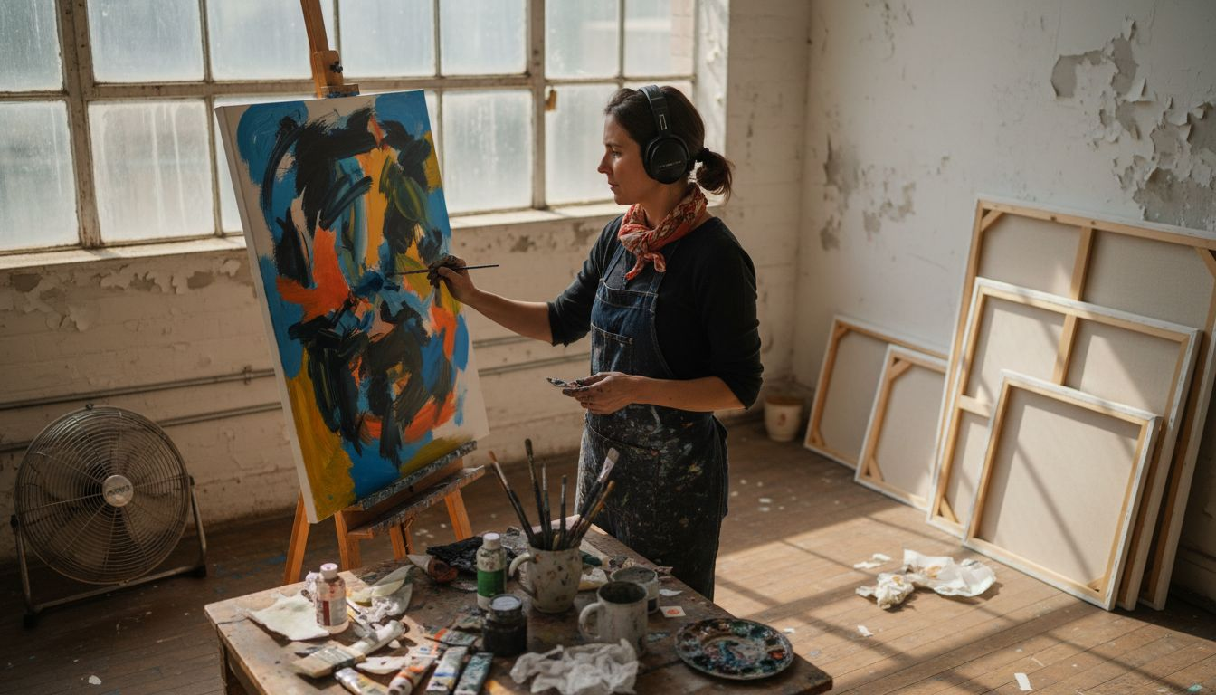 Artist painting in sunlit studio workspace