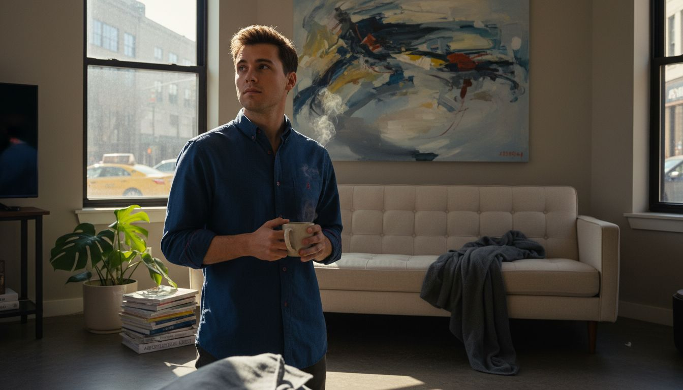 Man admiring painting above sofa