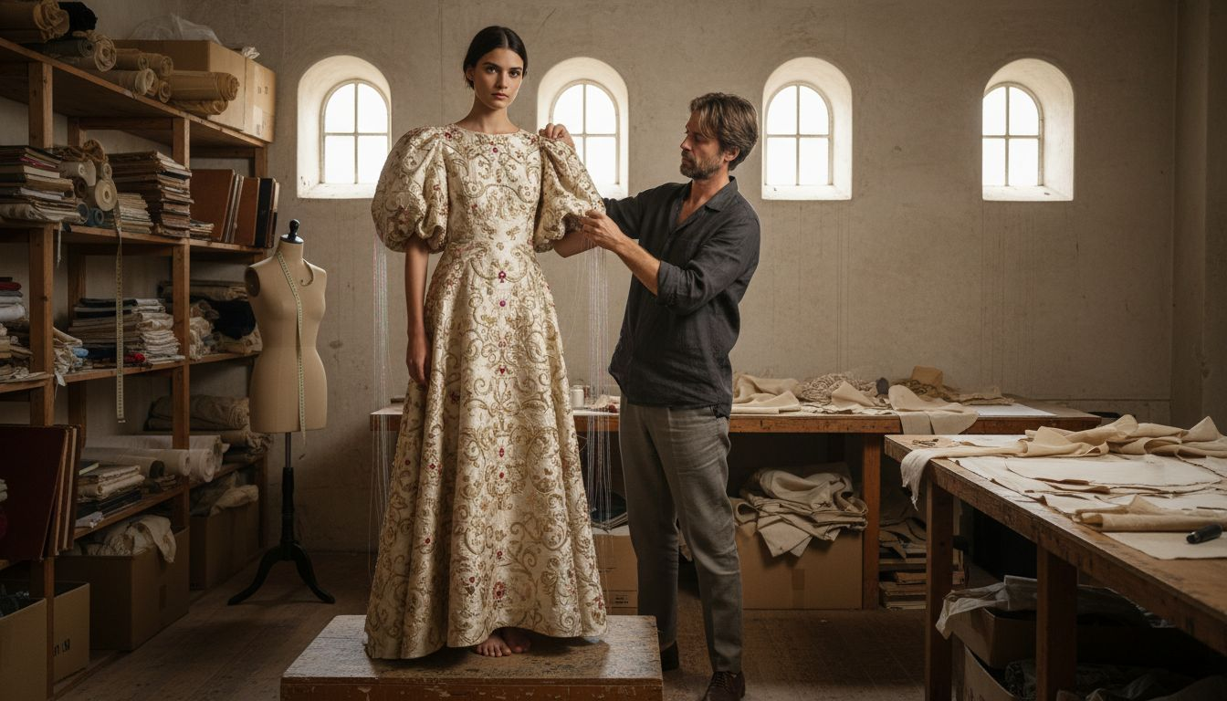 Designer fitting embroidered couture dress