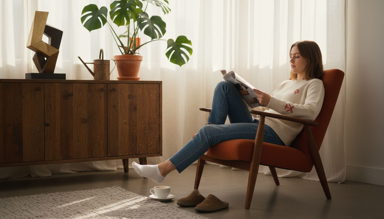 Woman with statement art in cozy living room
