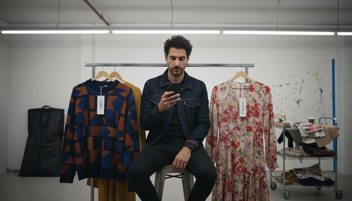 Model sorting designer art-inspired fashion pieces