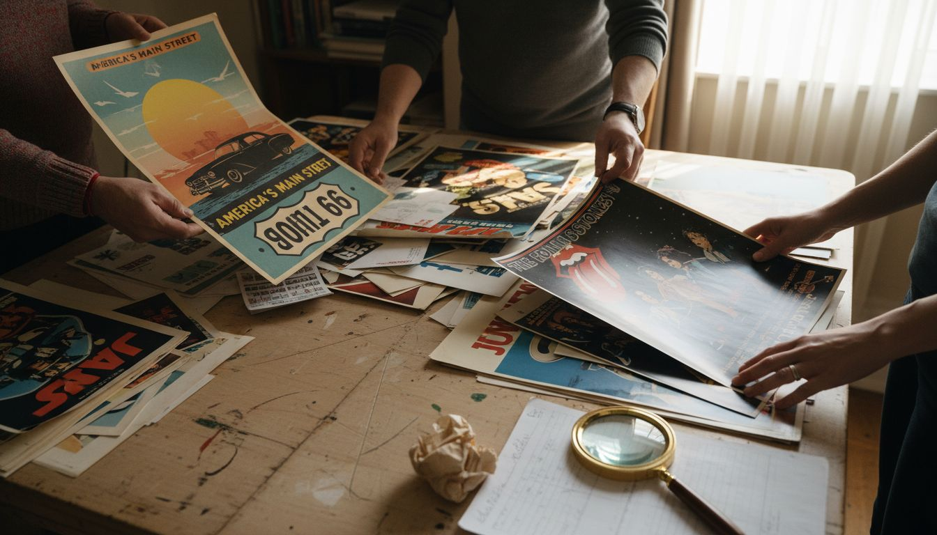 Hands examining vintage collectible posters