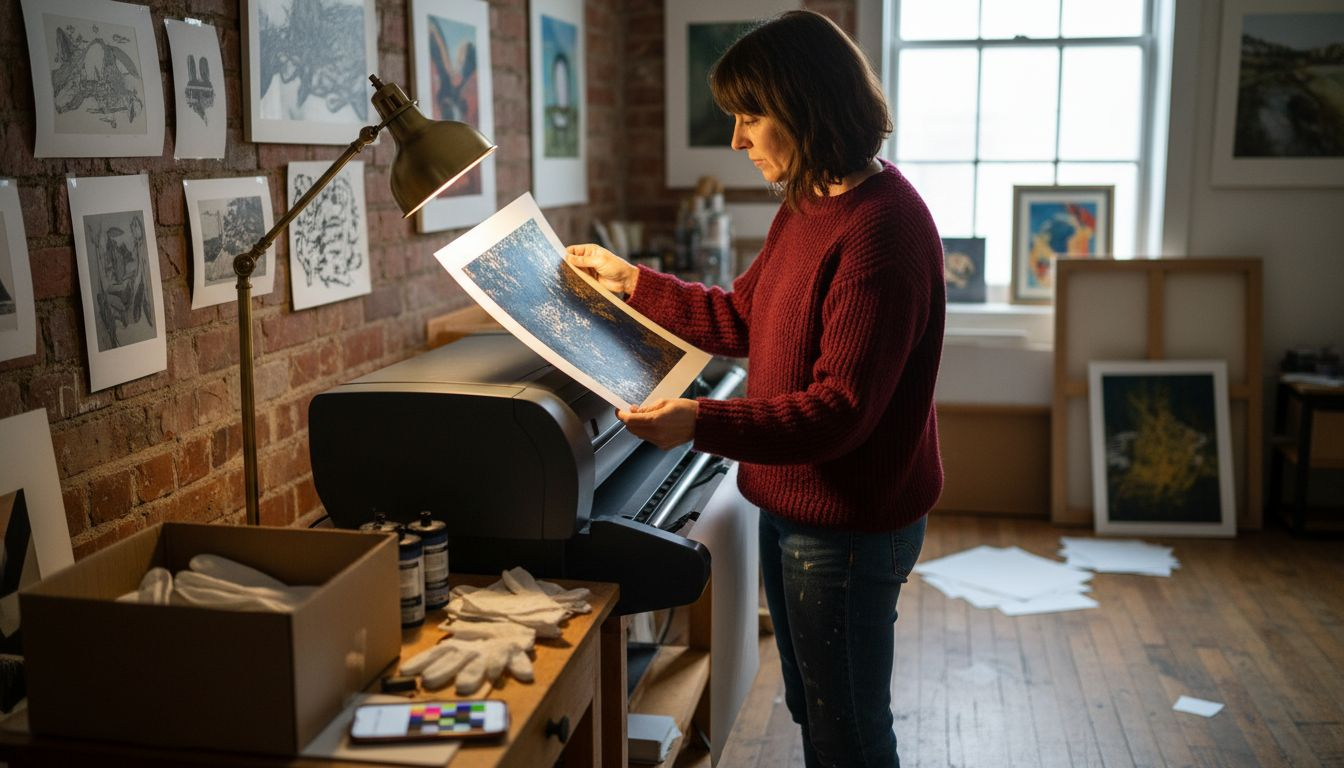 Artist inspecting giclée print in studio