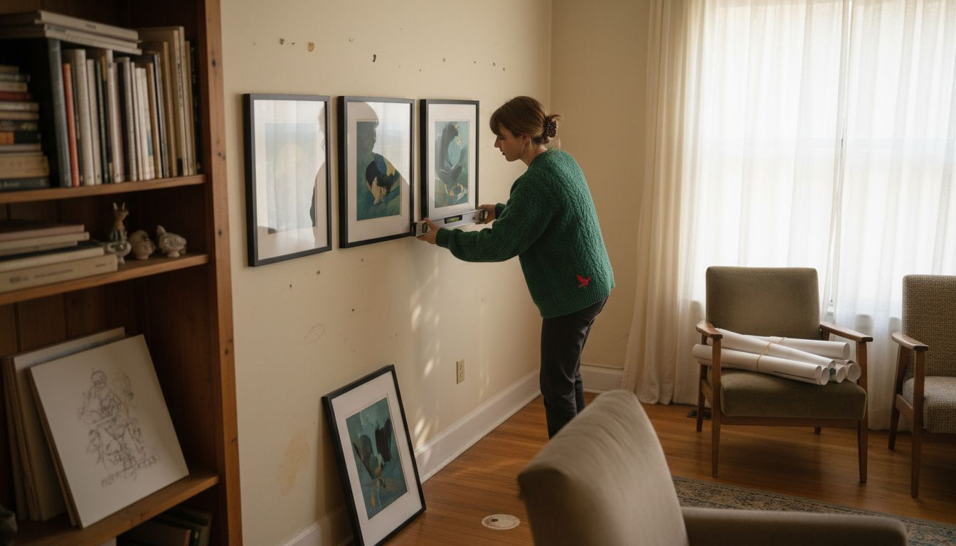 Woman arranging limited edition prints at home