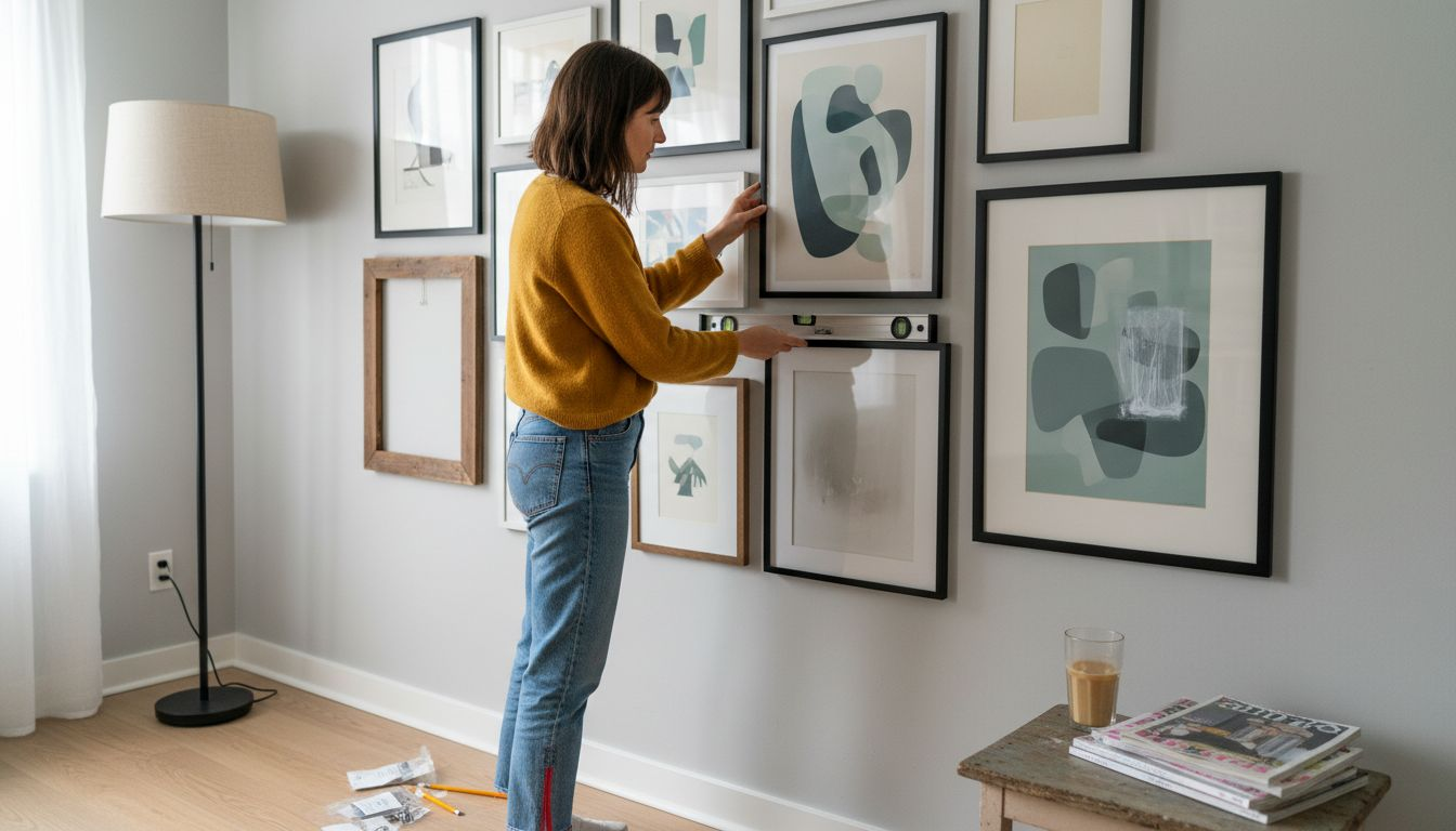 Woman leveling posters in gallery wall grid