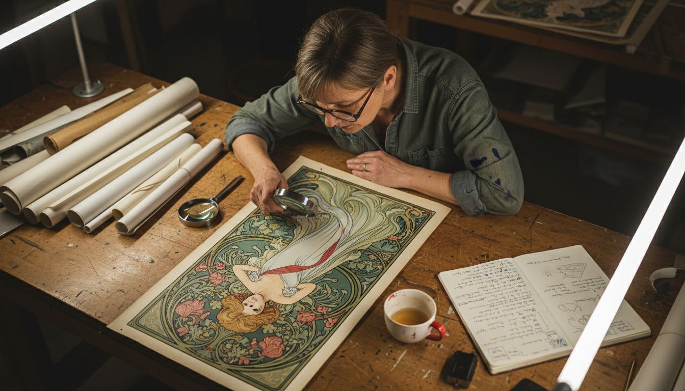 Woman inspecting vintage art poster in studio