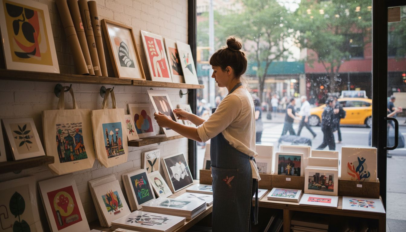 Shop owner arranging art merchandise display