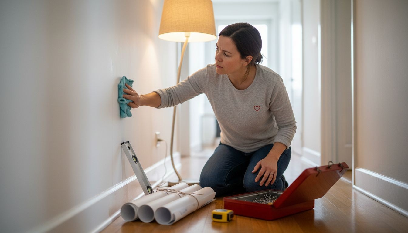 Woman cleaning wall for poster display