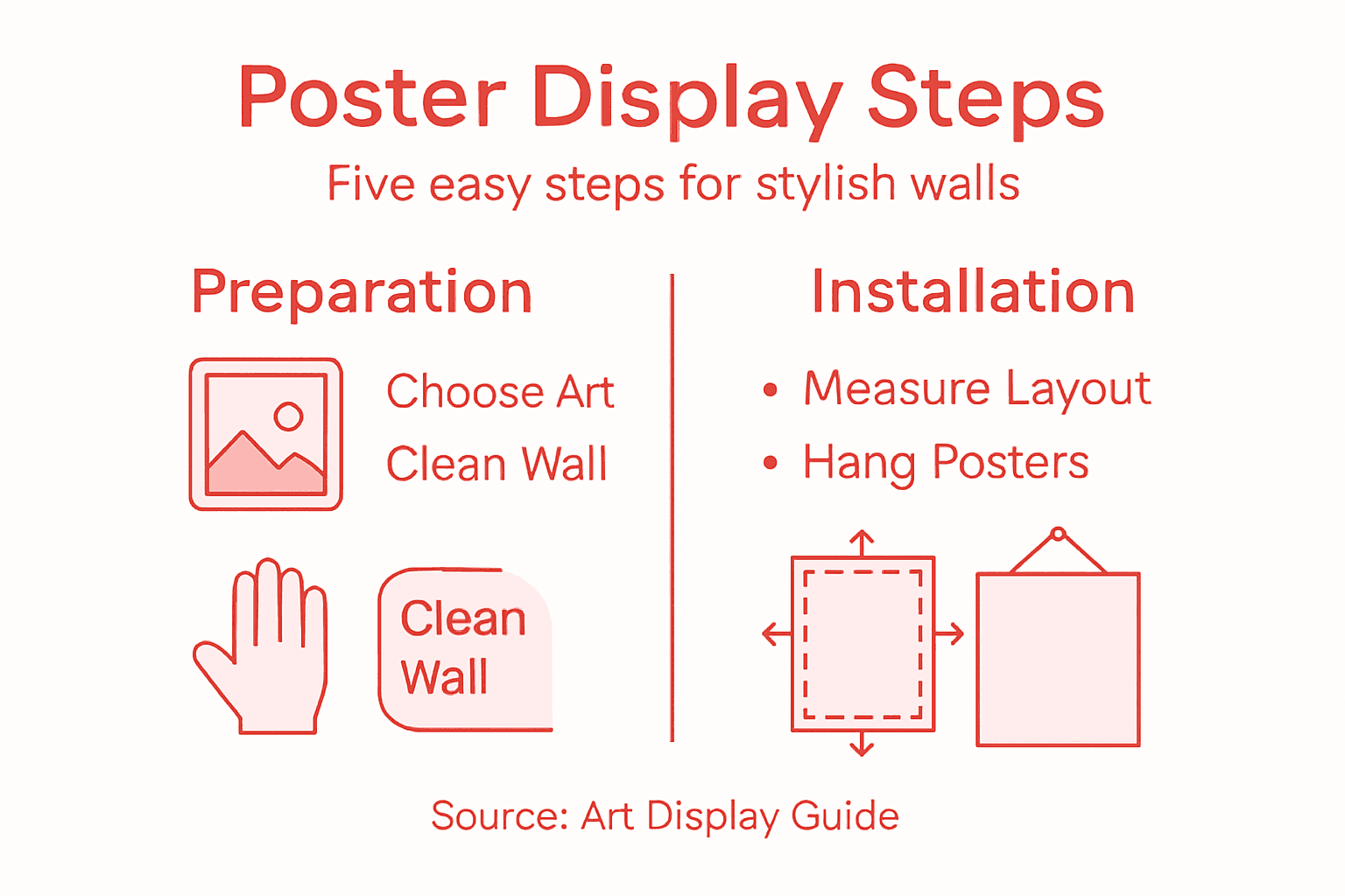 Infographic summarizing art poster hanging steps