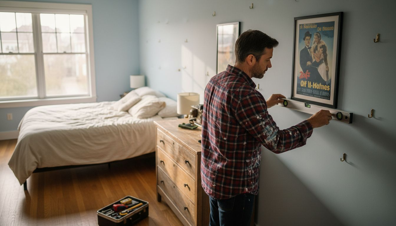 Designer arranging poster in bedroom