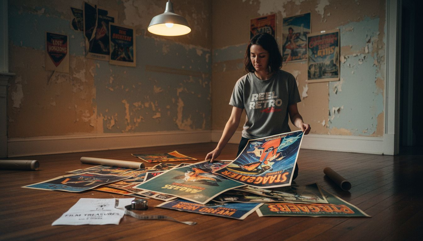 Woman sorting vintage posters on floor