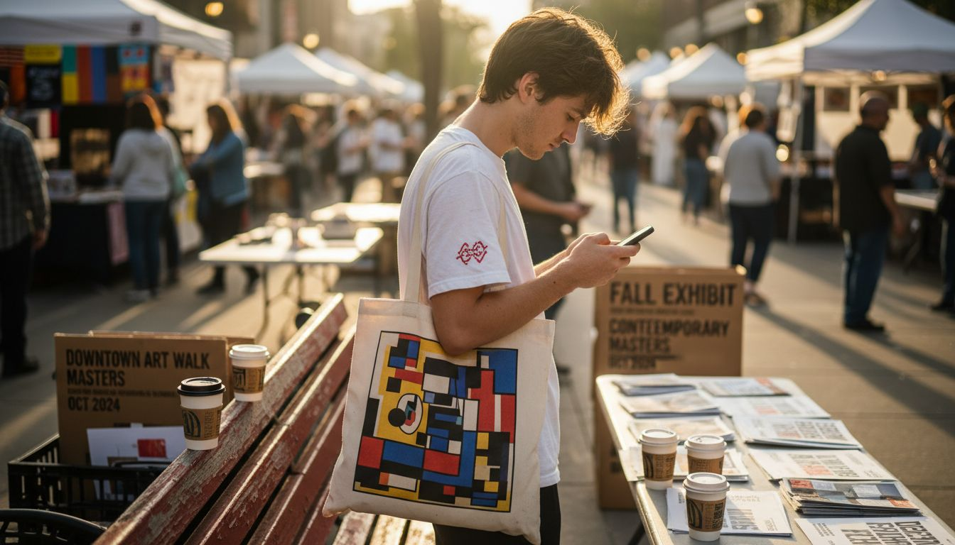 Man with art tote at urban art fair