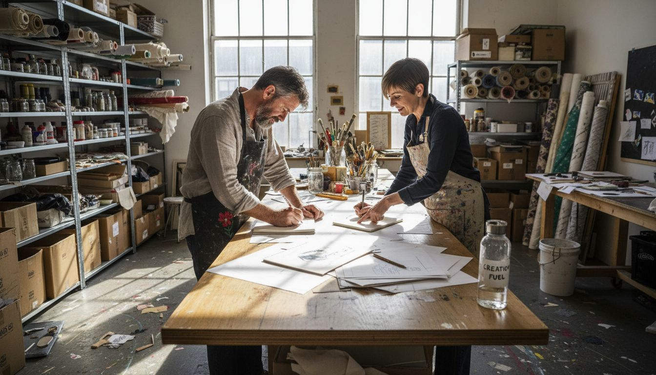 Artist and designer brainstorming at studio table