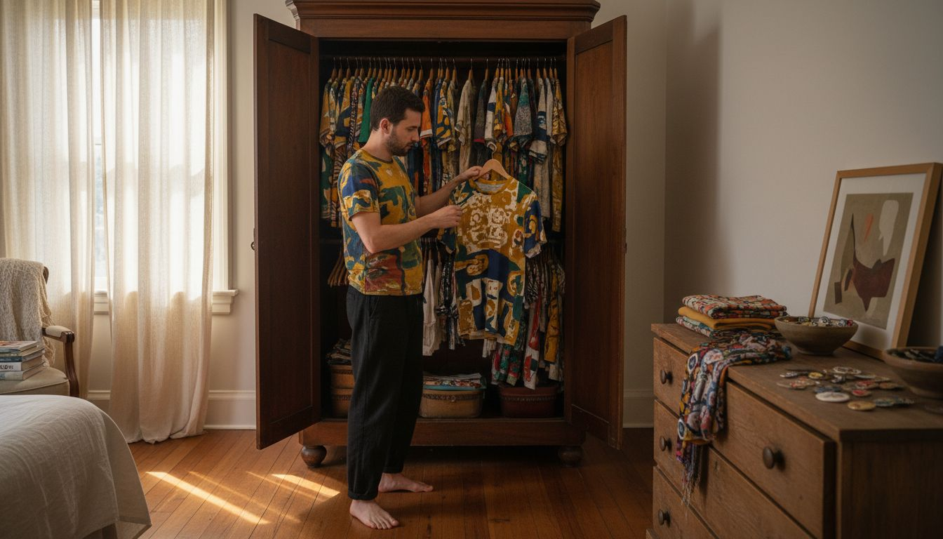 Person choosing art apparel in bedroom
