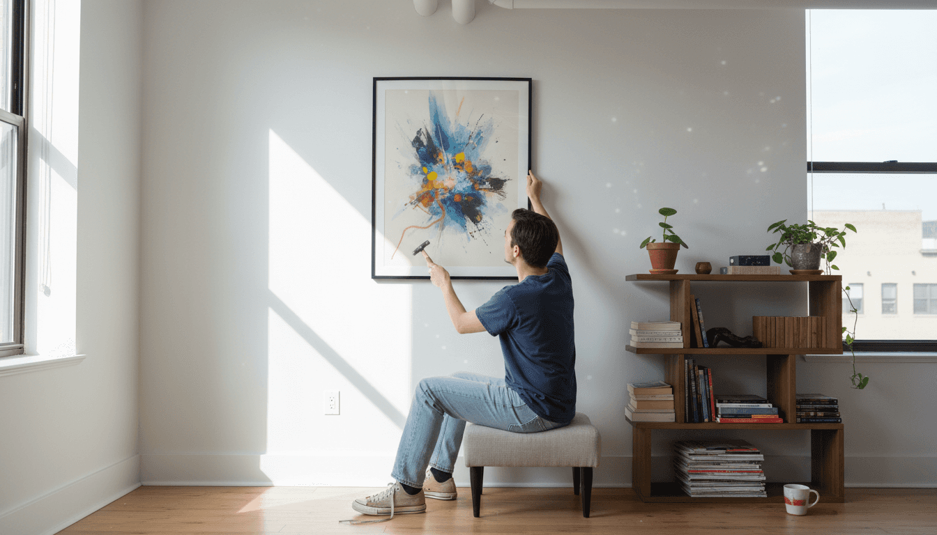 Person hanging abstract art in loft