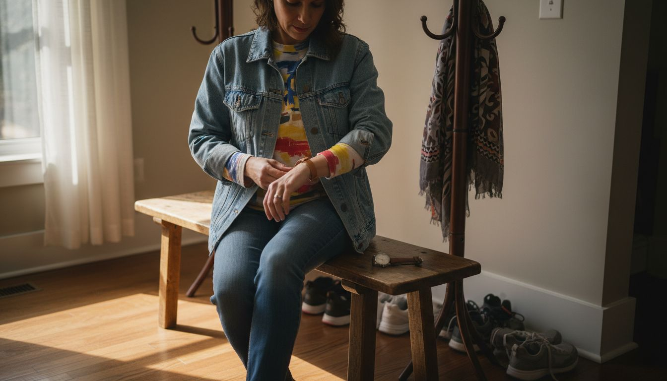 Woman layering denim jacket over art shirt