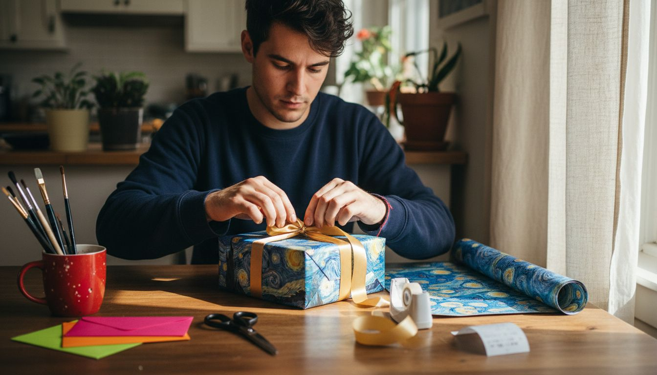 Man wrapping art-inspired gift box