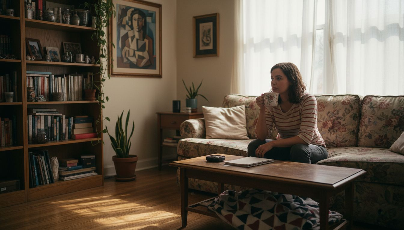 Cubist painting displayed in cozy living room