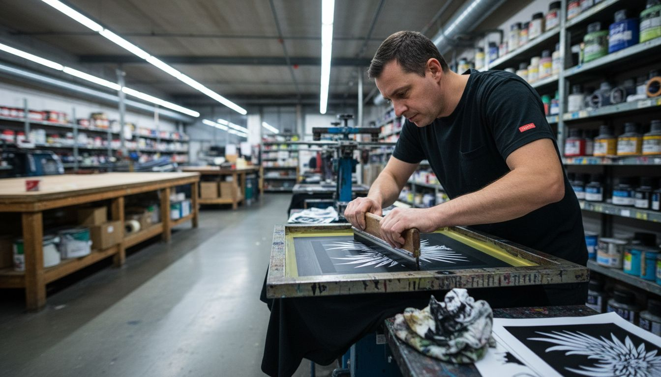 Technician demonstrating screen printing on t-shirt