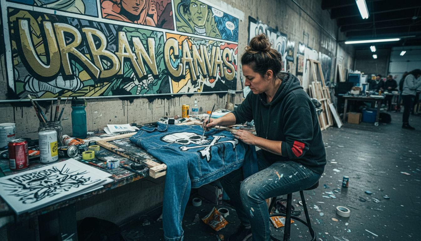 Street artist customizes jacket at mural workspace