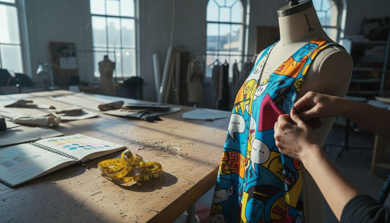 Hands arranging bold art fashion fabrics