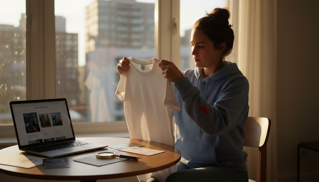 Woman inspecting t-shirt tag for artist signature