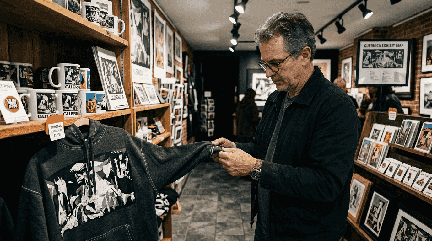 Shopper inspecting Picasso Guernica hoodie
