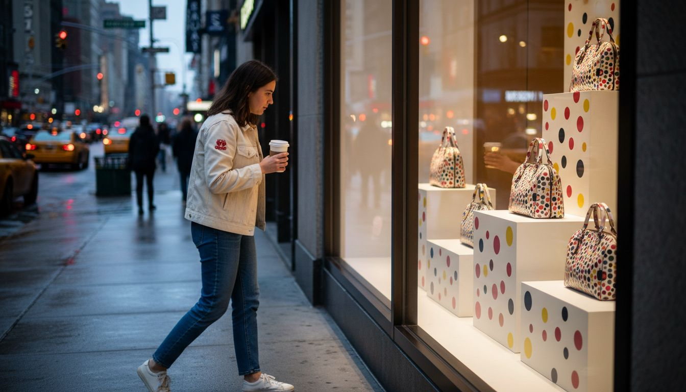 Shopper viewing Kusama Louis Vuitton bags
