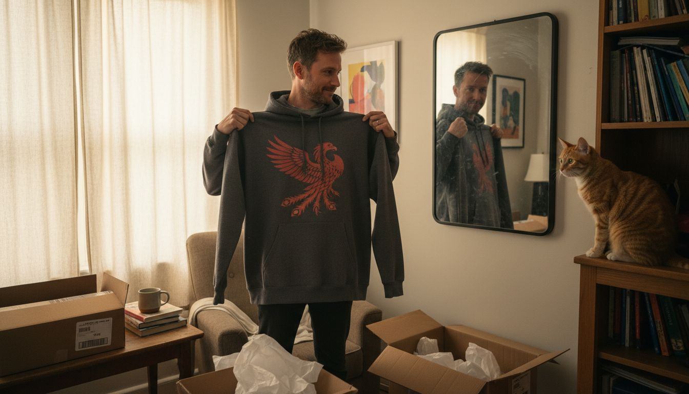 Man checking graphic hoodie in living room mirror