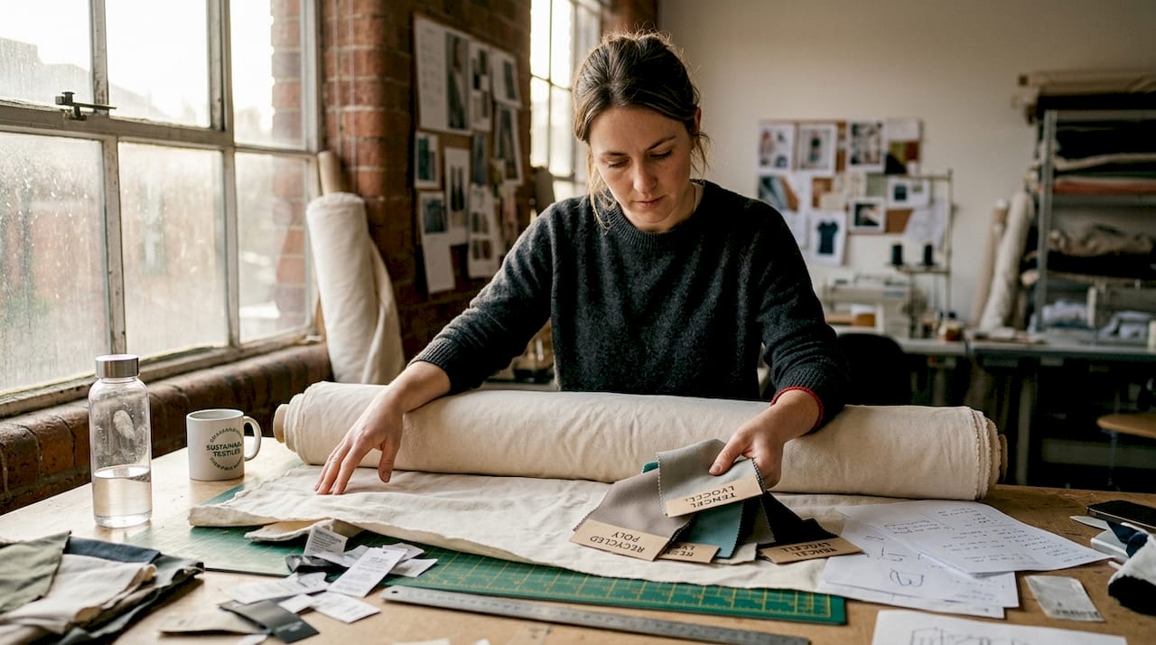 Designer inspects organic fabric swatches