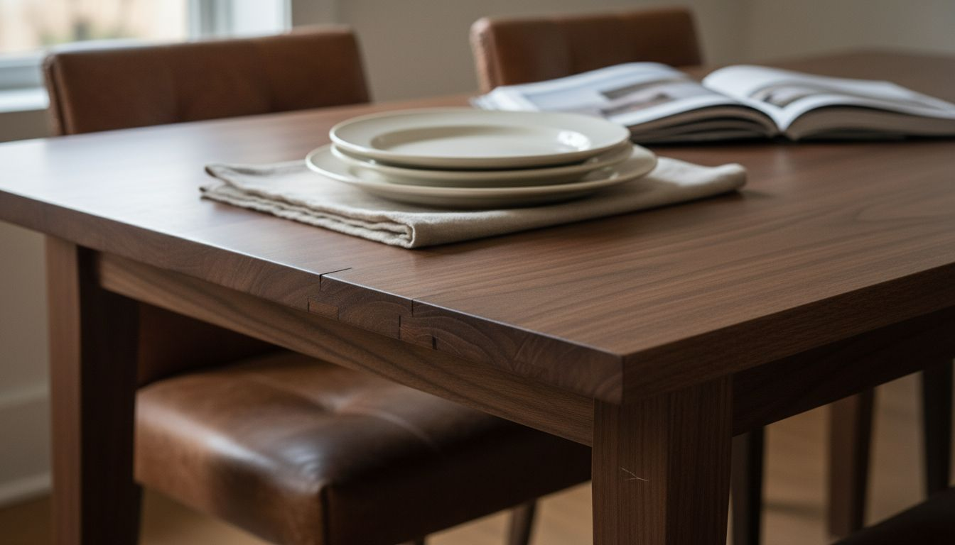Close-up joint on walnut luxury table