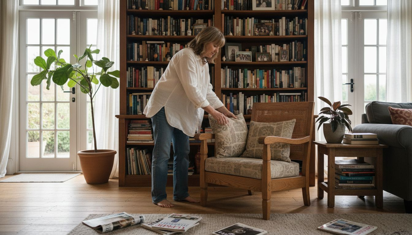 Homeowner placing custom oak chair in living room