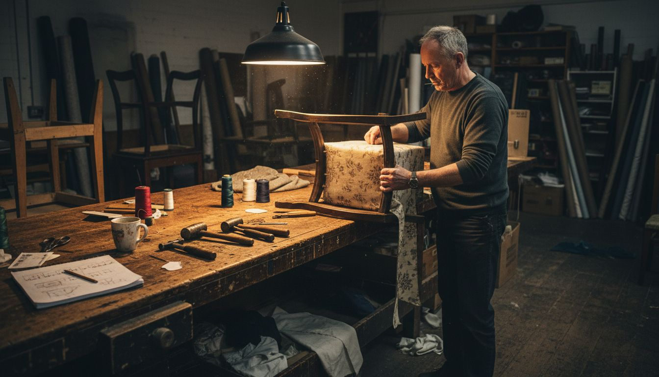 Artisan upholsterer fitting fabric onto chair frame