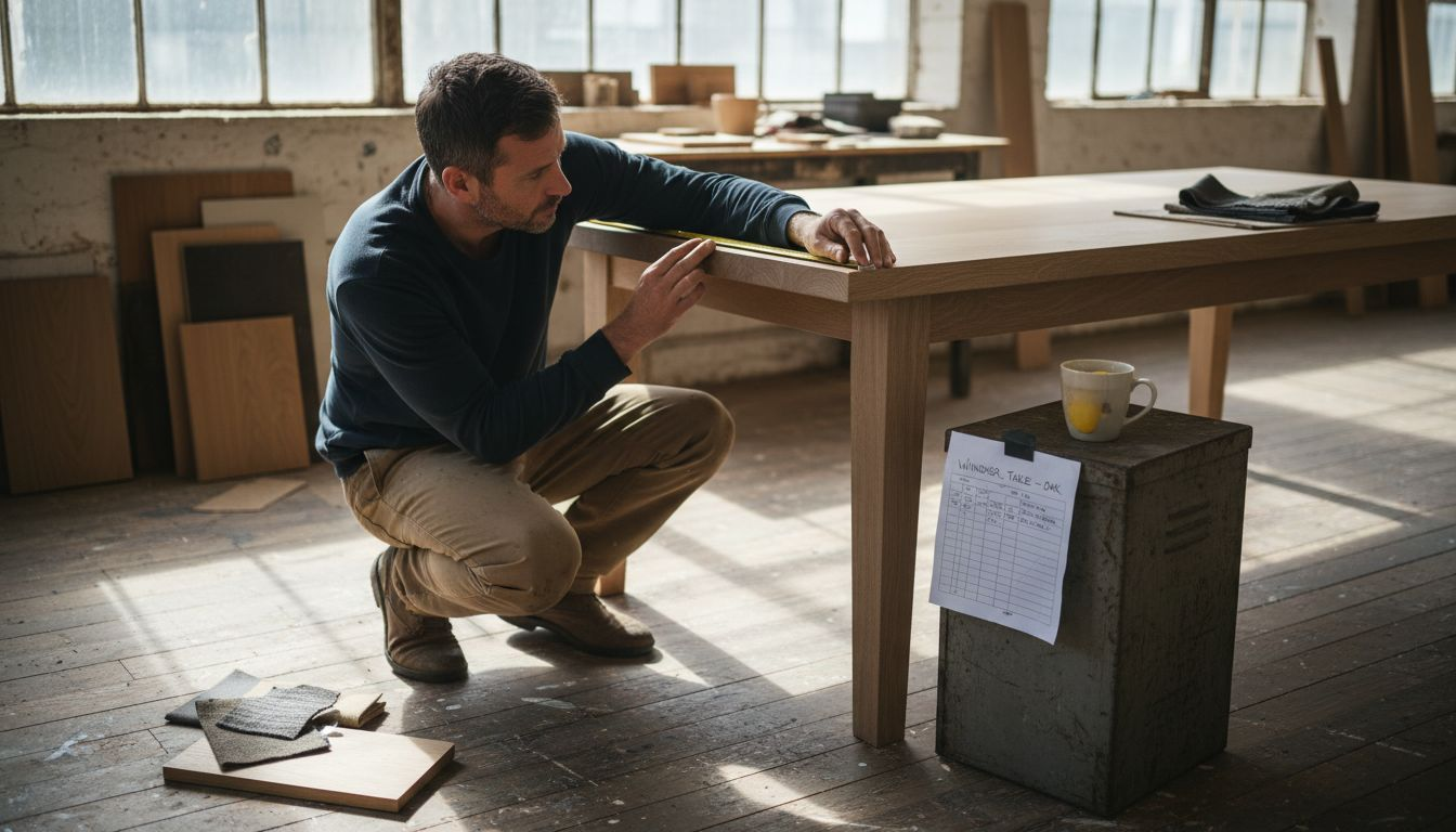 Furniture maker measuring table with samples