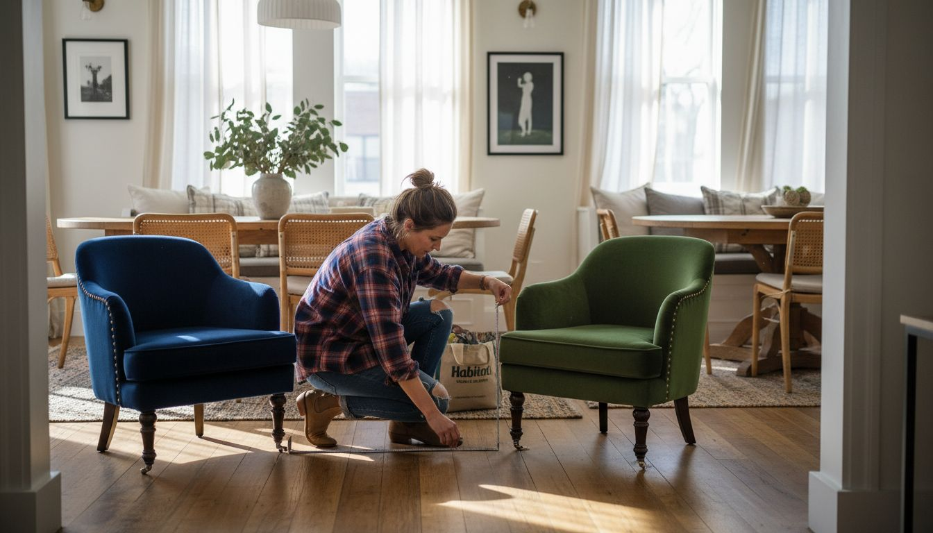 Stylist arranging bespoke armchairs at home