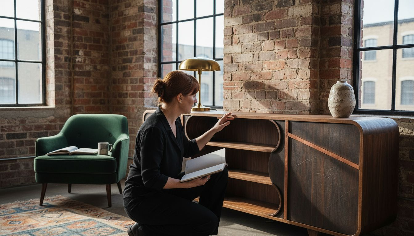 Designer placing sculpted handcrafted sideboard in flat