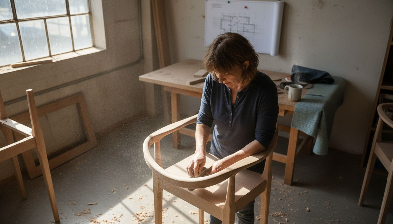 Artisan sanding custom oak chair in workshop