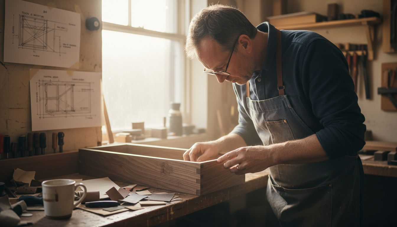 Craftsman examining bespoke furniture joinery