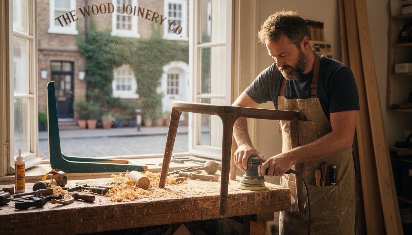 Artisan sanding designer chair in workshop
