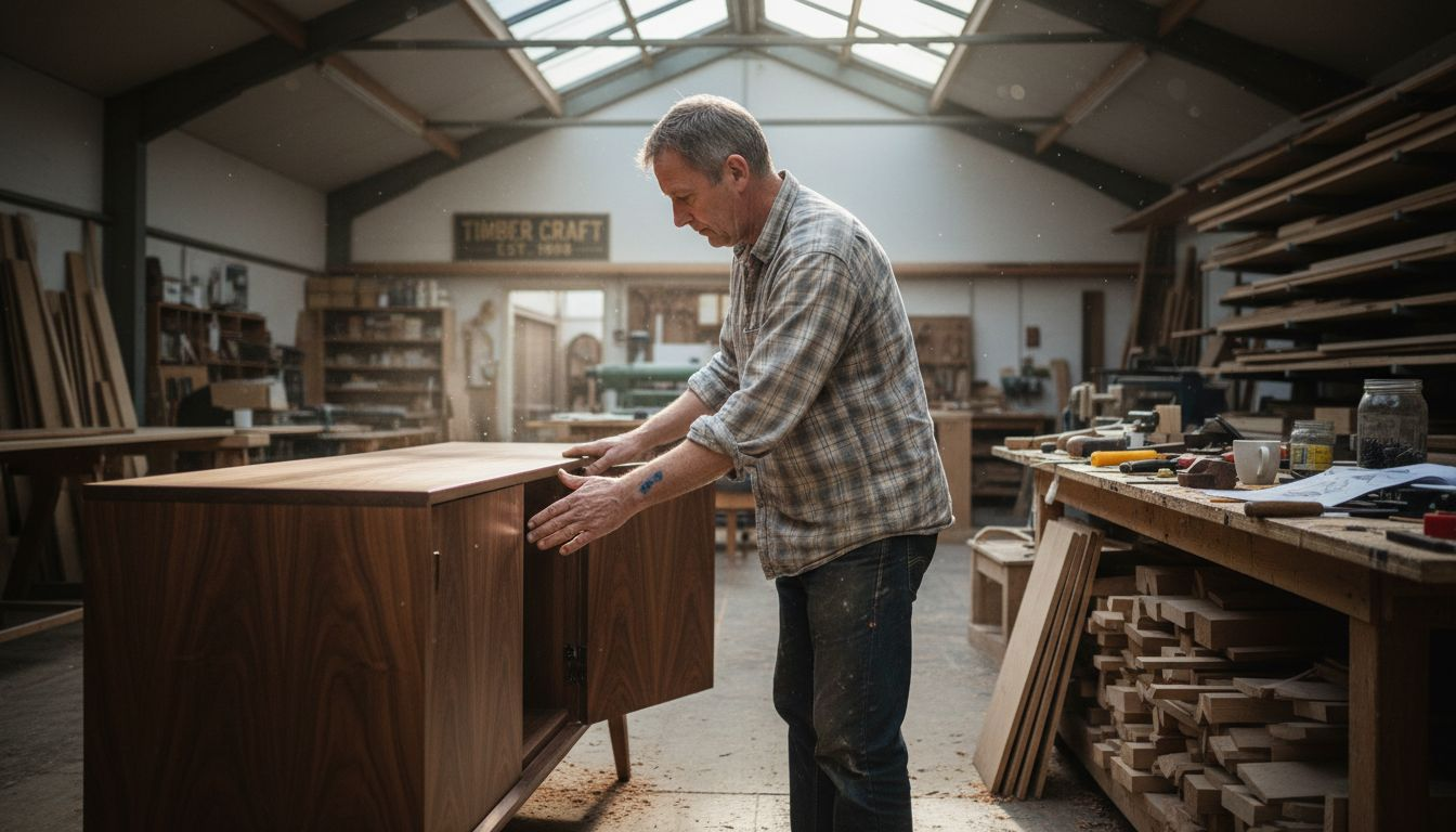 Craftsman inspects bespoke furniture in workshop